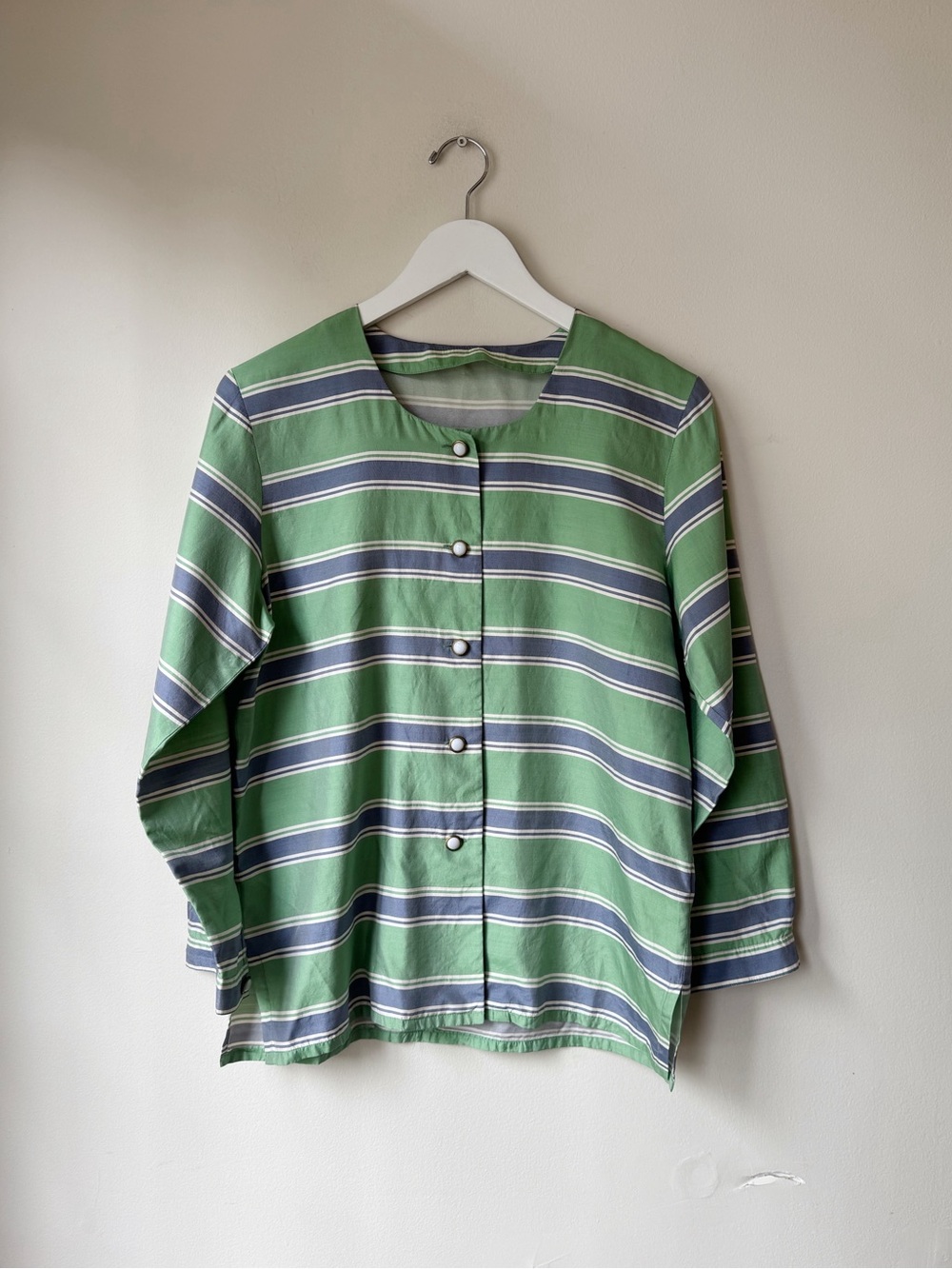 Green Striped 100% Silk Button-Front Top